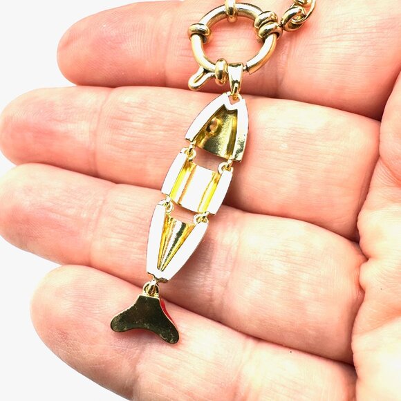 Multi-Gemstone Red Enamel Fish Pendant Necklace 18K Gold Plated Chain 17 Inch - Picture 9 of 9